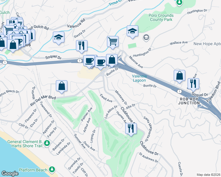 map of restaurants, bars, coffee shops, grocery stores, and more near 429 Monterey Drive in Aptos