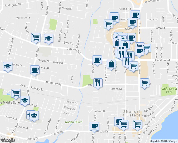 map of restaurants, bars, coffee shops, grocery stores, and more near 2975 Renwick Way in Santa Cruz