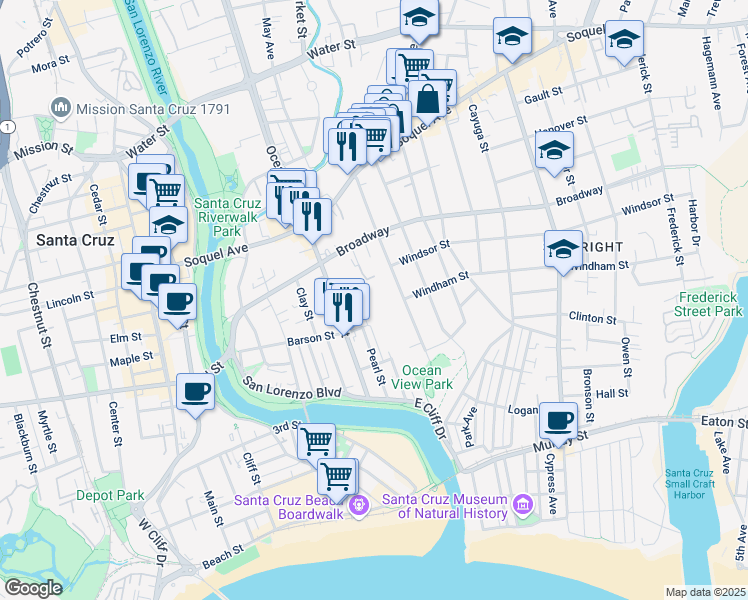 map of restaurants, bars, coffee shops, grocery stores, and more near 315 Ocean View Avenue in Santa Cruz