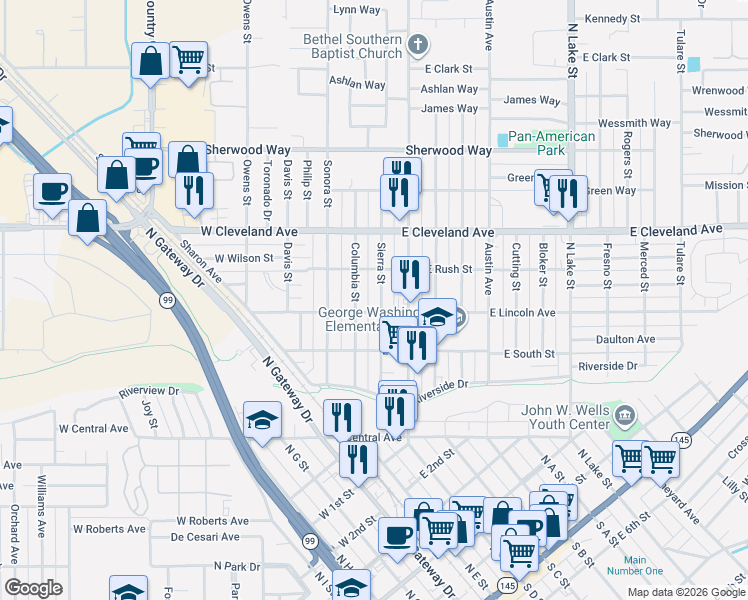 map of restaurants, bars, coffee shops, grocery stores, and more near 910 Sierra Street in Madera