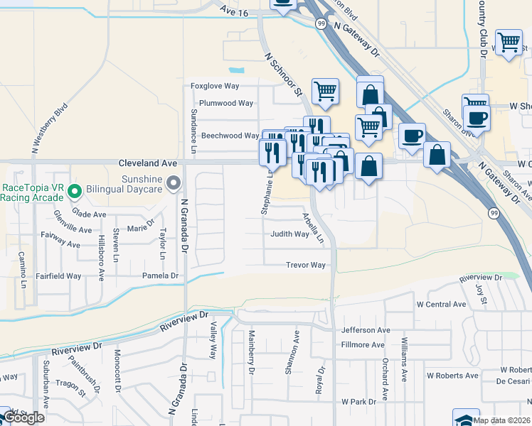map of restaurants, bars, coffee shops, grocery stores, and more near 2387 Frederick Way in Madera