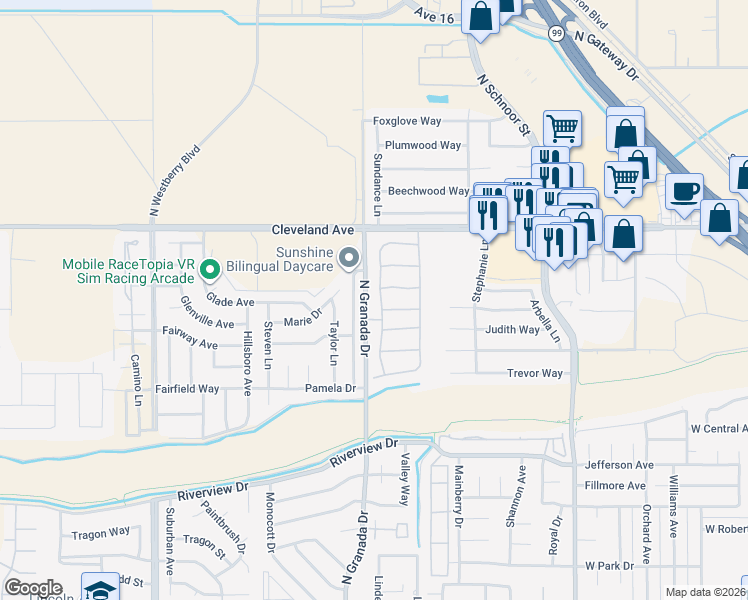 map of restaurants, bars, coffee shops, grocery stores, and more near 123 North Way in Madera