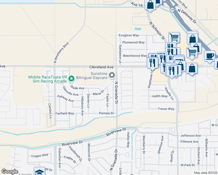 map of restaurants, bars, coffee shops, grocery stores, and more near 1588 Deborah Lane in Madera