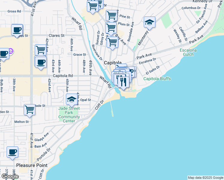 map of restaurants, bars, coffee shops, grocery stores, and more near 1500 Wharf Road in Capitola