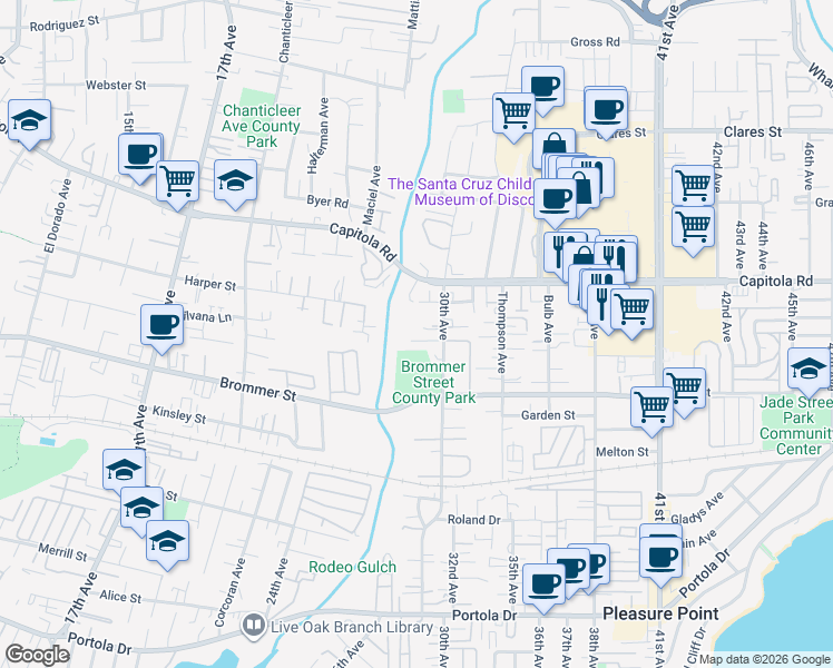 map of restaurants, bars, coffee shops, grocery stores, and more near 2975 Renwick Way in Santa Cruz