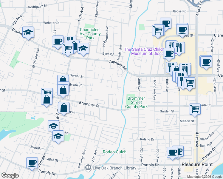 map of restaurants, bars, coffee shops, grocery stores, and more near 1471 Creekview Lane in Santa Cruz