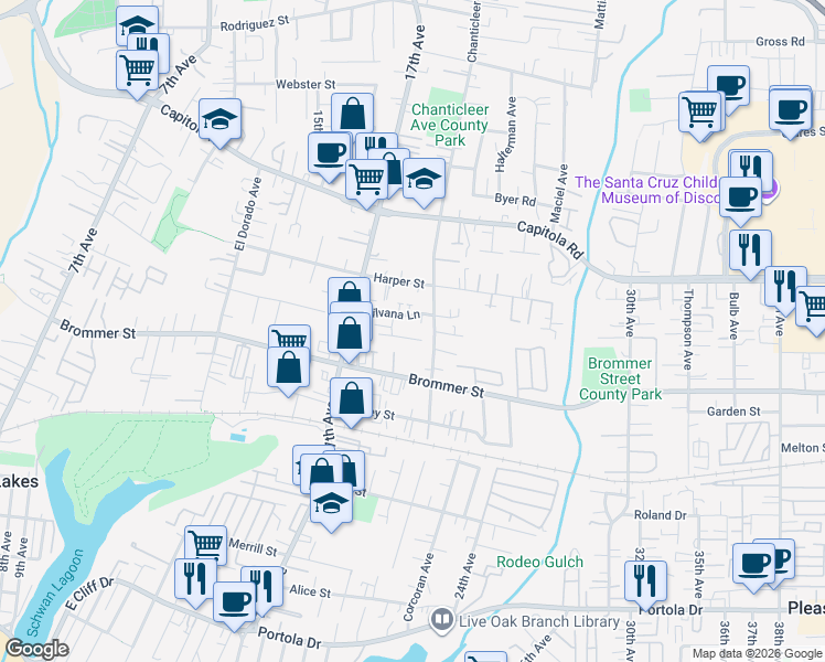 map of restaurants, bars, coffee shops, grocery stores, and more near 1865 Pound Lane in Santa Cruz