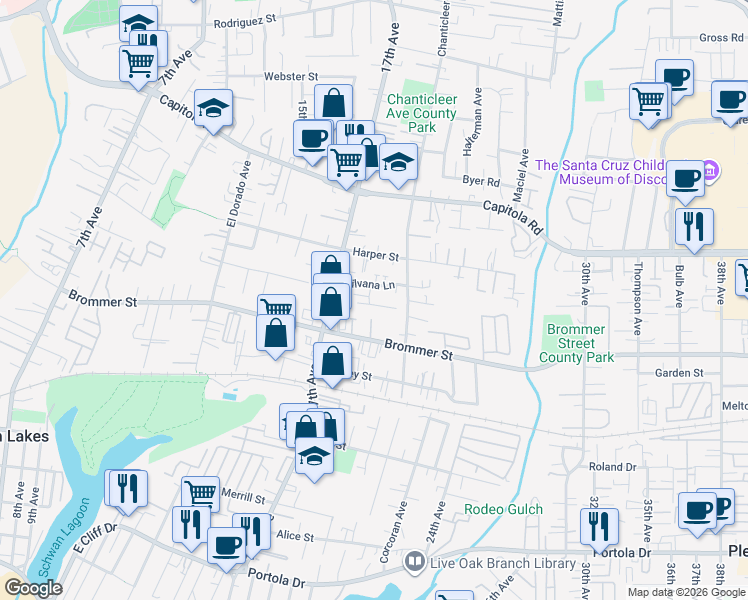 map of restaurants, bars, coffee shops, grocery stores, and more near 1826 Hector Lane in Santa Cruz