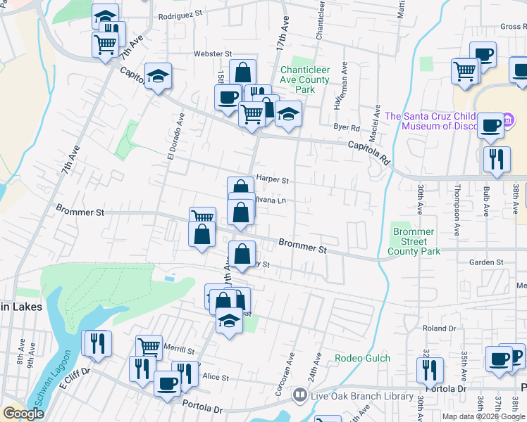 map of restaurants, bars, coffee shops, grocery stores, and more near 1826 Hector Lane in Santa Cruz