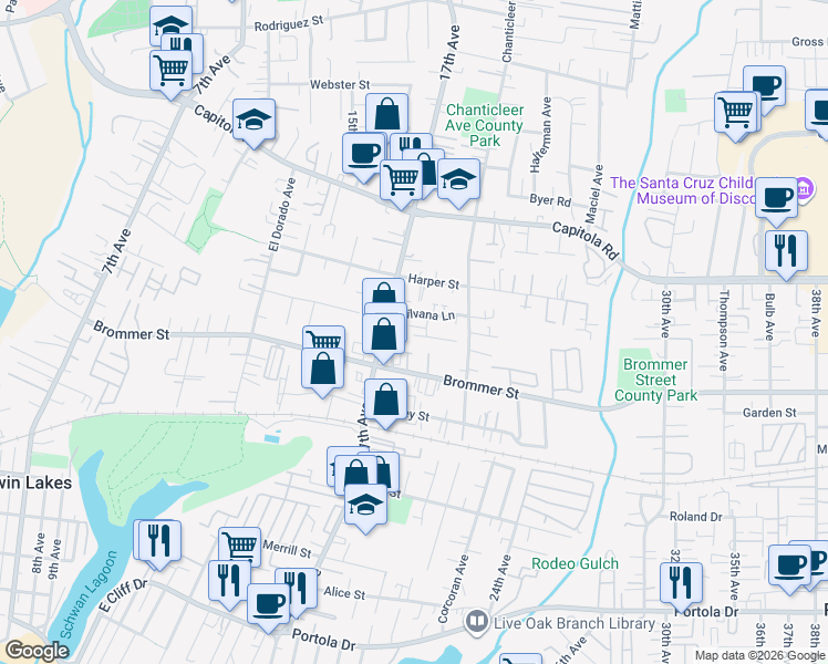 map of restaurants, bars, coffee shops, grocery stores, and more near 1826 Hector Lane in Santa Cruz