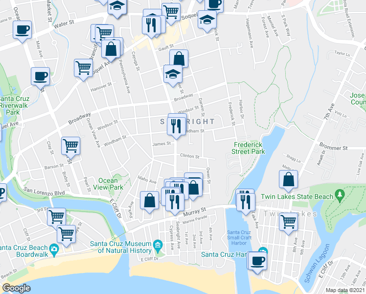 map of restaurants, bars, coffee shops, grocery stores, and more near 526 Sumner Street in Santa Cruz