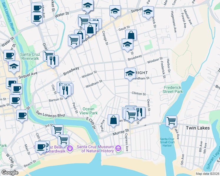 map of restaurants, bars, coffee shops, grocery stores, and more near 118 Pleasant Street in Santa Cruz