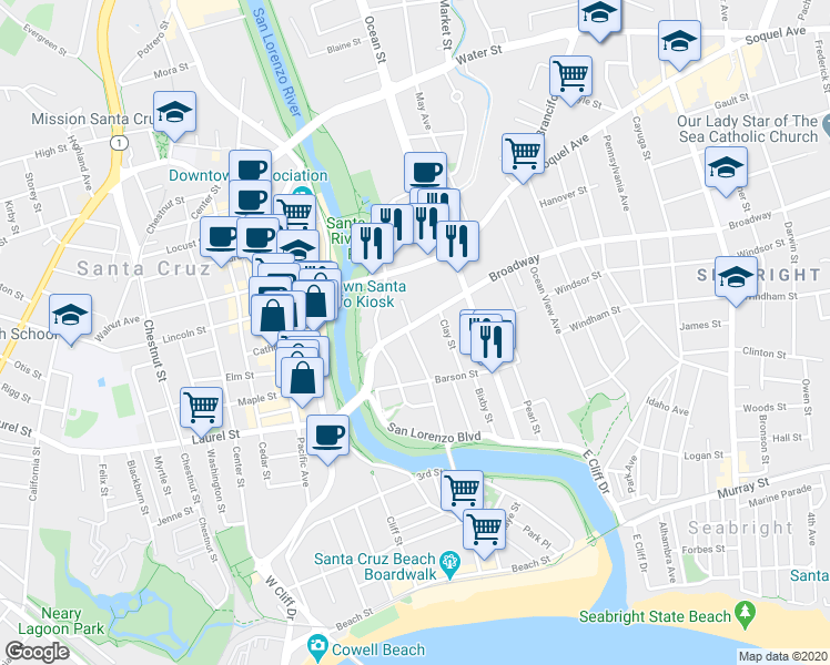 map of restaurants, bars, coffee shops, grocery stores, and more near 224 Broadway in Santa Cruz