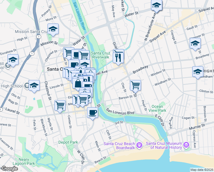map of restaurants, bars, coffee shops, grocery stores, and more near 809 Riverside Avenue in Santa Cruz