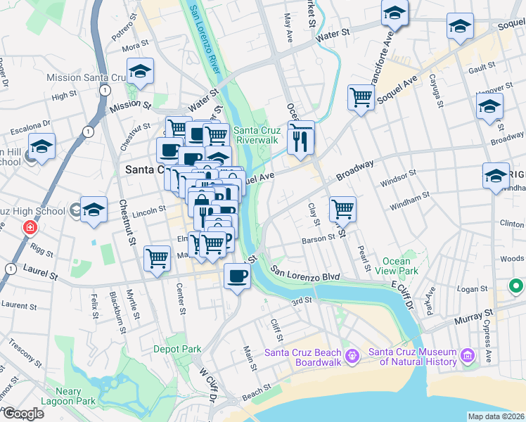 map of restaurants, bars, coffee shops, grocery stores, and more near 809 Riverside Avenue in Santa Cruz