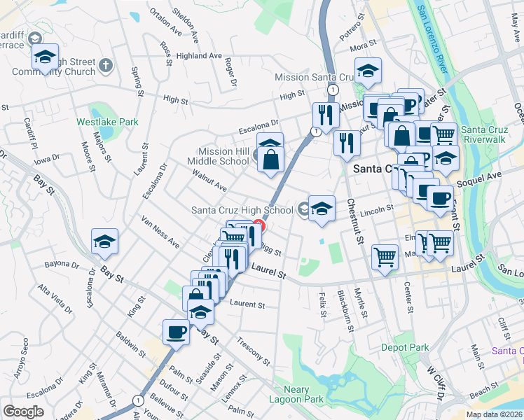 map of restaurants, bars, coffee shops, grocery stores, and more near 911 Mission Street in Santa Cruz