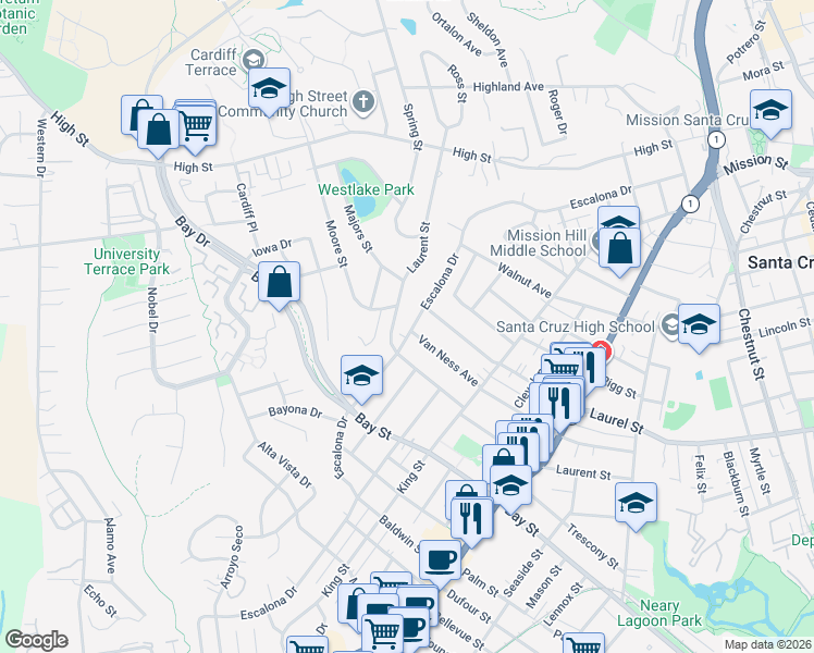 map of restaurants, bars, coffee shops, grocery stores, and more near 818 Laurent Street in Santa Cruz