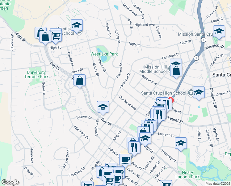map of restaurants, bars, coffee shops, grocery stores, and more near 818 Laurent Street in Santa Cruz