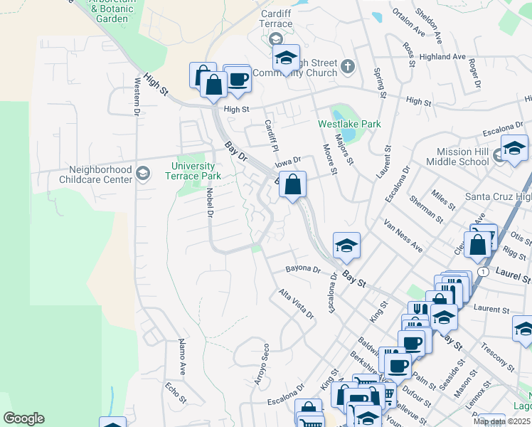 map of restaurants, bars, coffee shops, grocery stores, and more near 105 Castillion Terrace in Santa Cruz