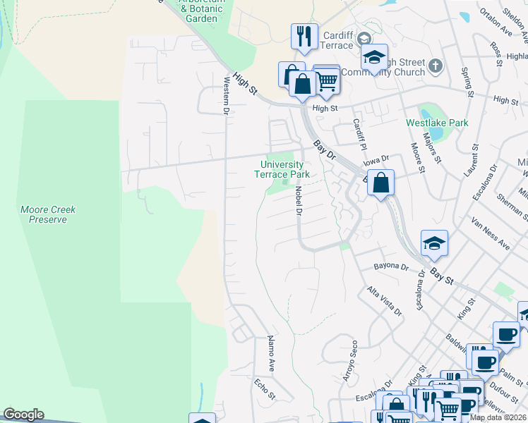 map of restaurants, bars, coffee shops, grocery stores, and more near 256 Segre Place in Santa Cruz