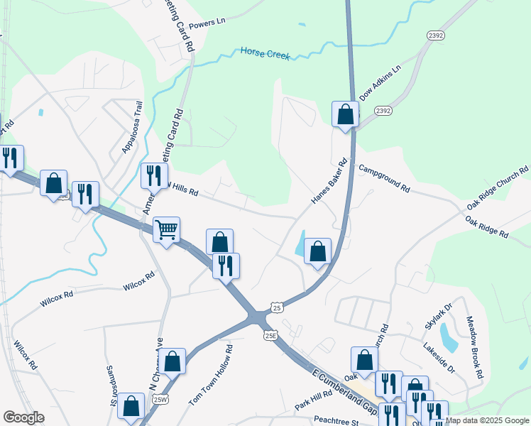 map of restaurants, bars, coffee shops, grocery stores, and more near 401 North Hills Road in Corbin
