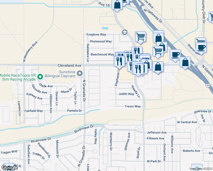 map of restaurants, bars, coffee shops, grocery stores, and more near 2455 Frederick Court in Madera