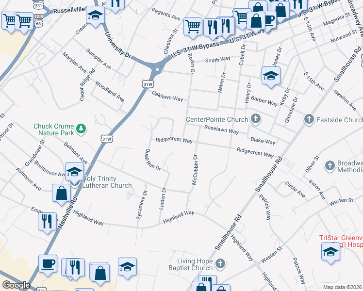 map of restaurants, bars, coffee shops, grocery stores, and more near 1411 Rodes Drive in Bowling Green