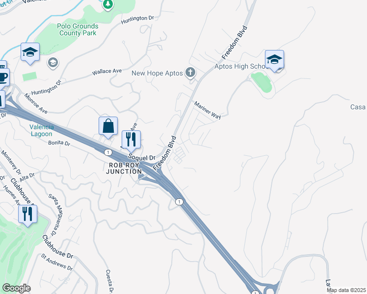 map of restaurants, bars, coffee shops, grocery stores, and more near 165 Anita Avenue in Aptos