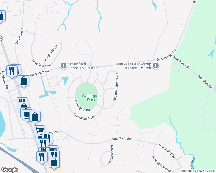 map of restaurants, bars, coffee shops, grocery stores, and more near 705 Bristol Street in Smithfield