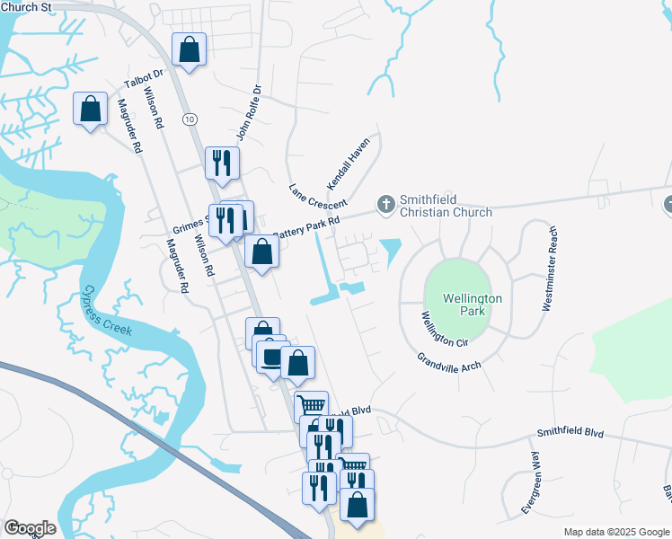 map of restaurants, bars, coffee shops, grocery stores, and more near 220 Villa Drive in Smithfield