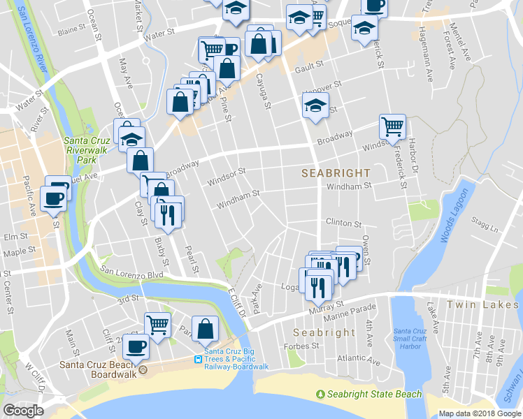map of restaurants, bars, coffee shops, grocery stores, and more near 118 Pleasant Street in Santa Cruz