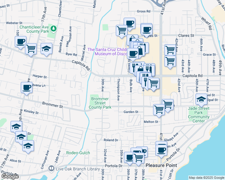 map of restaurants, bars, coffee shops, grocery stores, and more near 3120 Dee Street in Santa Cruz