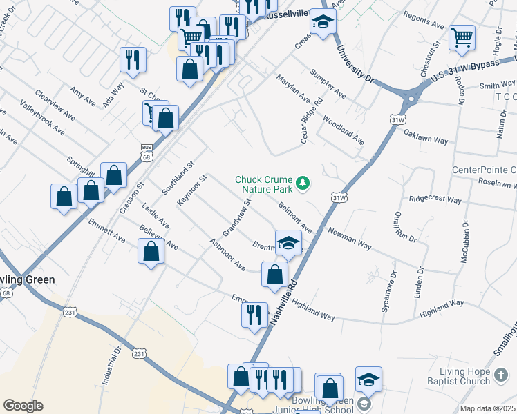 map of restaurants, bars, coffee shops, grocery stores, and more near 506 Claremoor Avenue in Bowling Green