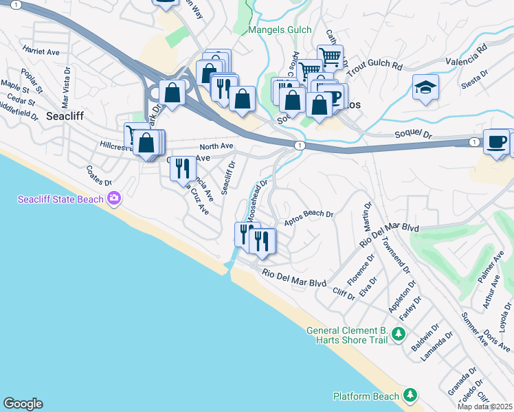 map of restaurants, bars, coffee shops, grocery stores, and more near 218 Moosehead Drive in Aptos