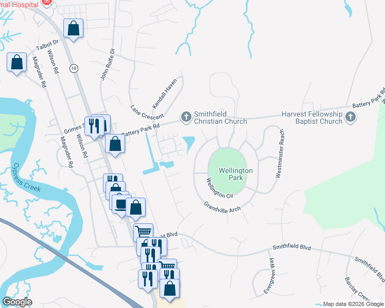 map of restaurants, bars, coffee shops, grocery stores, and more near 120 Grandville Arch in Smithfield