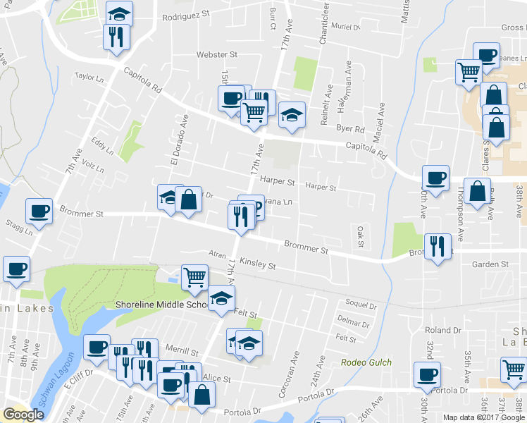 map of restaurants, bars, coffee shops, grocery stores, and more near 1826 Hector Lane in Santa Cruz
