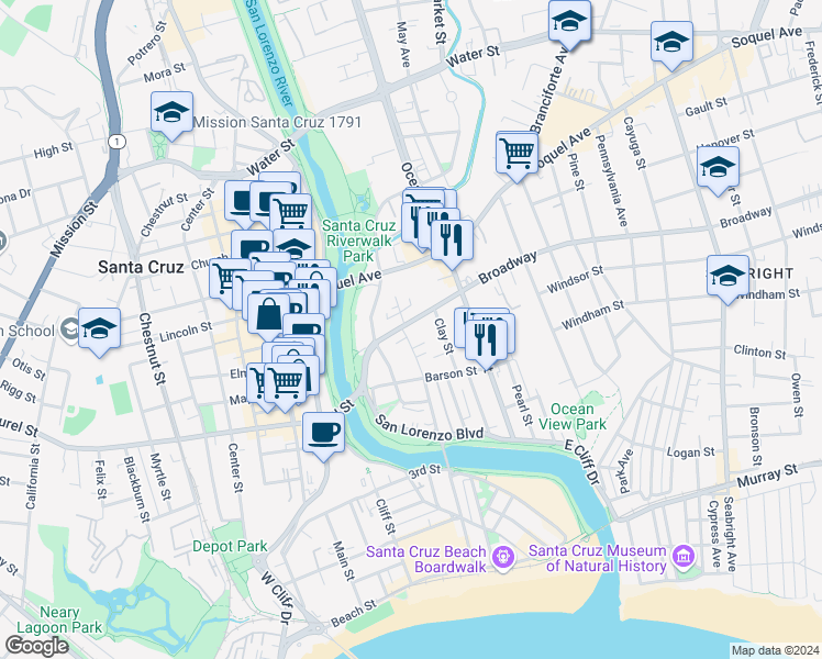 map of restaurants, bars, coffee shops, grocery stores, and more near 148 Campbell Street in Santa Cruz