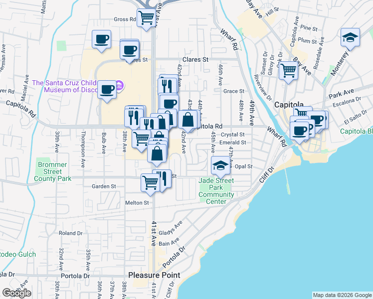 map of restaurants, bars, coffee shops, grocery stores, and more near 1470 42nd Avenue in Capitola