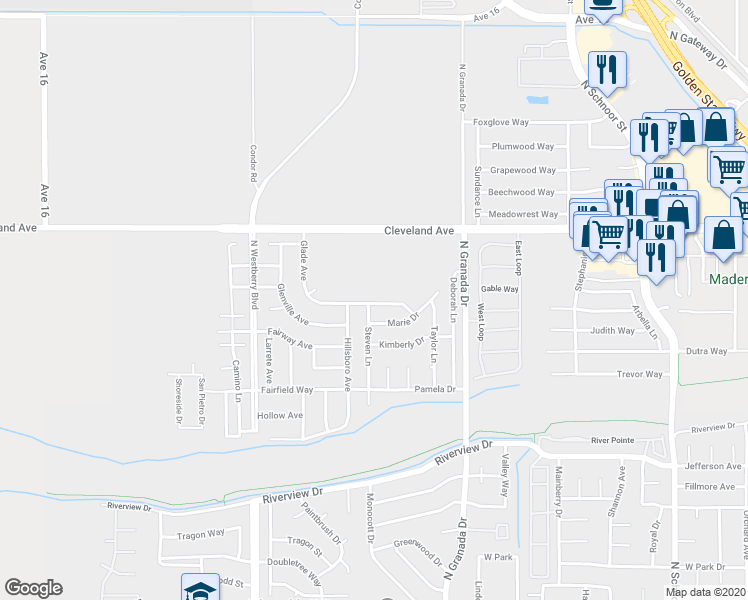 map of restaurants, bars, coffee shops, grocery stores, and more near 2713 Glade Avenue in Madera