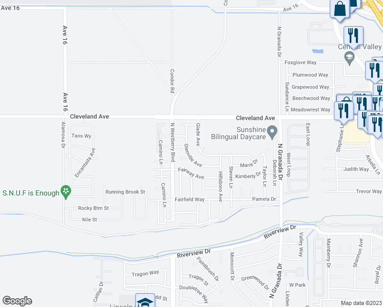 map of restaurants, bars, coffee shops, grocery stores, and more near 1631 Glenville Avenue in Madera