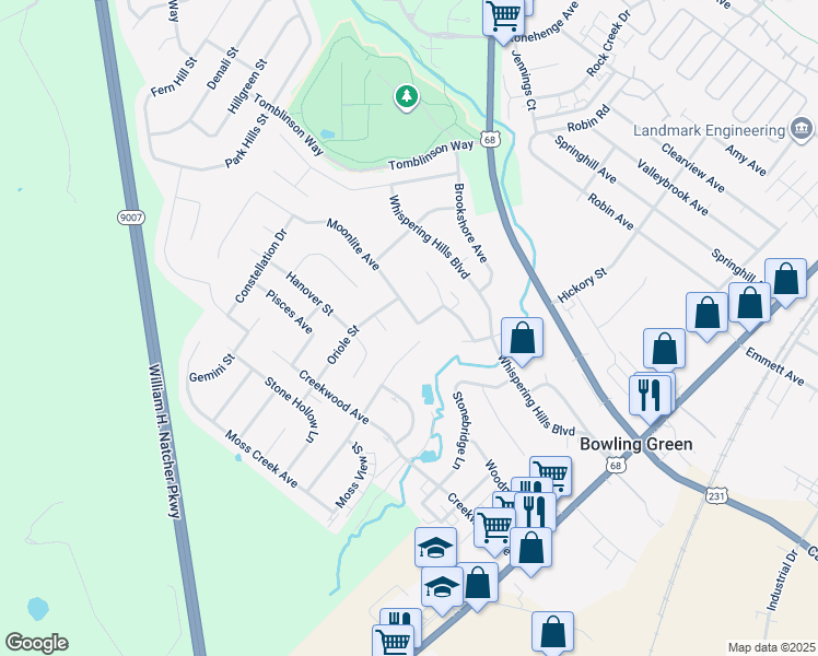 map of restaurants, bars, coffee shops, grocery stores, and more near 210 Moonlite Avenue in Bowling Green