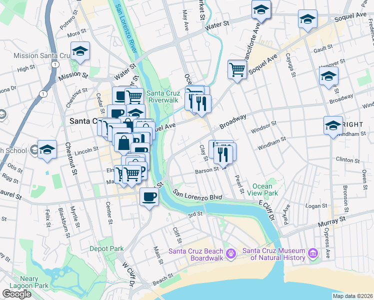 map of restaurants, bars, coffee shops, grocery stores, and more near 148 Campbell Street in Santa Cruz