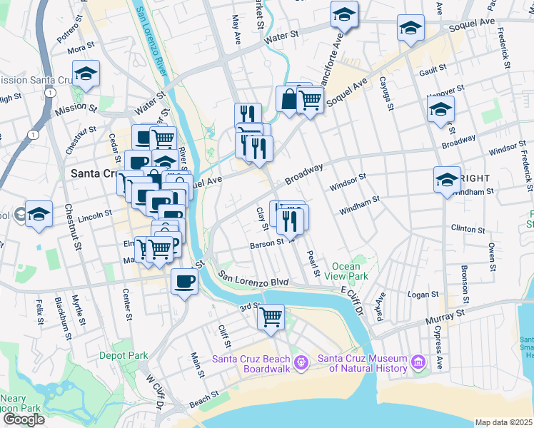 map of restaurants, bars, coffee shops, grocery stores, and more near 132 Clay Street in Santa Cruz