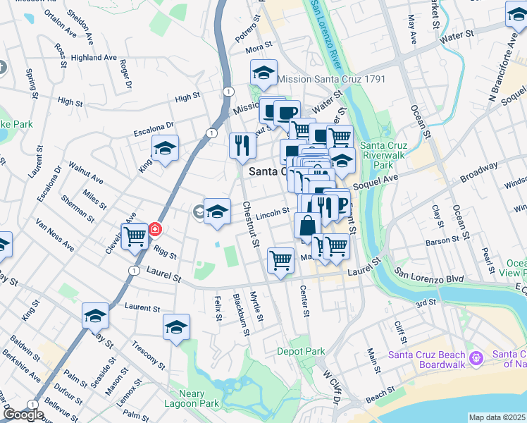 map of restaurants, bars, coffee shops, grocery stores, and more near 402 Lincoln Street in Santa Cruz