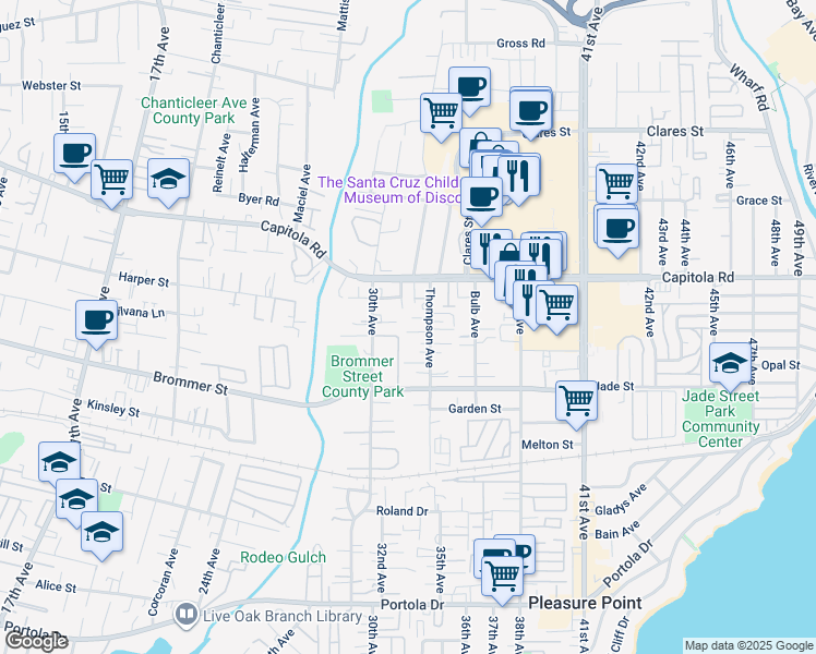map of restaurants, bars, coffee shops, grocery stores, and more near 3126 Dee Street in Santa Cruz