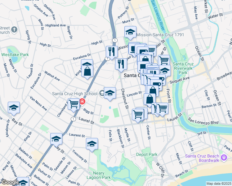 map of restaurants, bars, coffee shops, grocery stores, and more near 321 Walnut Avenue in Santa Cruz
