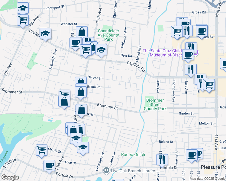 map of restaurants, bars, coffee shops, grocery stores, and more near 2237 Ivy Lane in Santa Cruz
