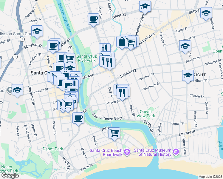 map of restaurants, bars, coffee shops, grocery stores, and more near 137 Clay Street in Santa Cruz
