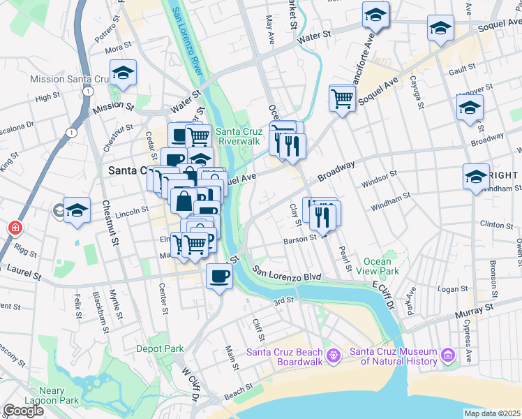 map of restaurants, bars, coffee shops, grocery stores, and more near 224 Broadway in Santa Cruz