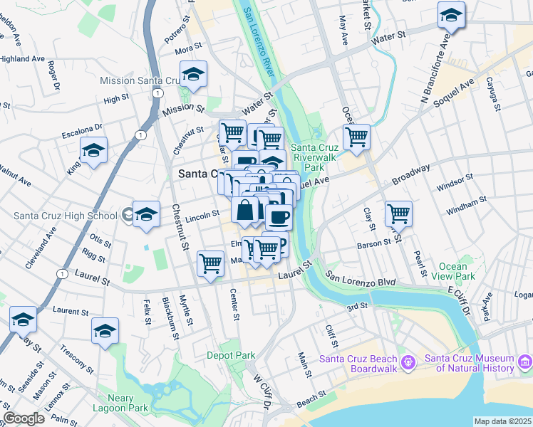 map of restaurants, bars, coffee shops, grocery stores, and more near 1102 Pacific Avenue in Santa Cruz